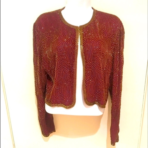 Niteline Della Roufogali SILK Wine/ Gold BEADED CROPPED EVENING JACKET! - Picture 2 of 12